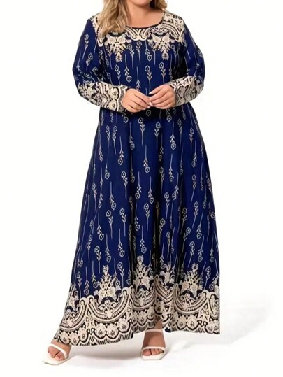 Abito casual taglie comode, vestito lungo da donna taglie forti con stampa floreale, maniche lunghe e collo tondo, adatto per il Ramadan