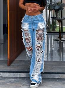 American Street Hot Mid Rise With Large Cut Edges, Women's Washed Jeans, Straight Leg Pants - Medium Wash - View 5