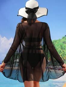 2024 New European & American Style Solid Color 3pcs/Set Push-Up High Waisted Bikini With Cover-Ups For Women Summer - Black - View 3