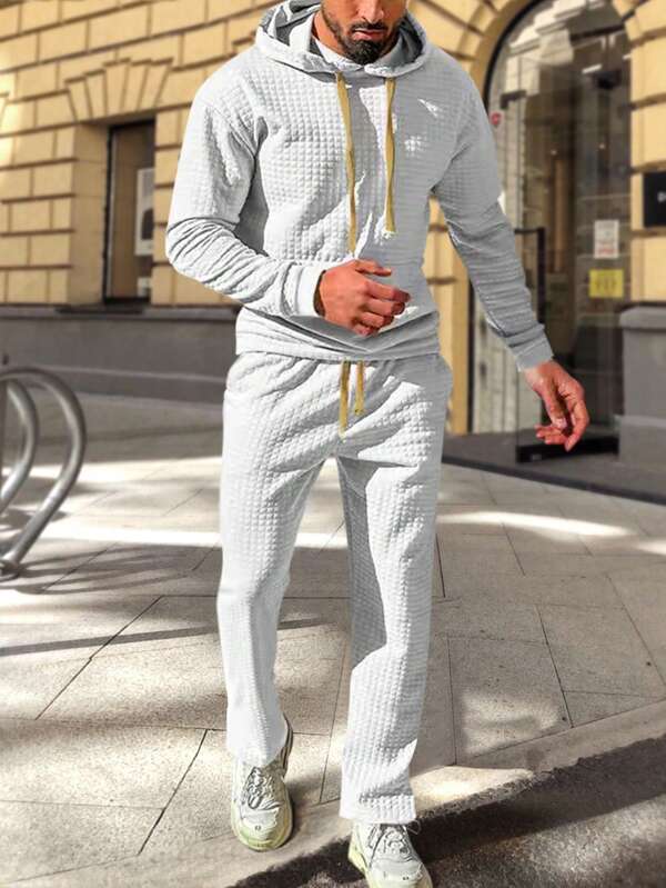 Two Pieces Hoodie Set, Casual Men's Waffle Fabric, Stylish And Hit, Street Travel, Leisure Vacation