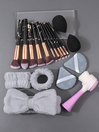 Set de 18 piezas de brochas de maquillaje premium que incluye brochas multifunción para el rostro, esponja mezcladora de maquillaje no absorbente, diadema y muñequera suave para limpieza facial y cepillo manual para lavado de rostro