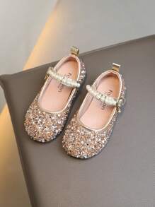 Nuove scarpe da principessa piatte per bambine con strass e perle, calzature versatili per feste, matrimoni e uso casual per bambini