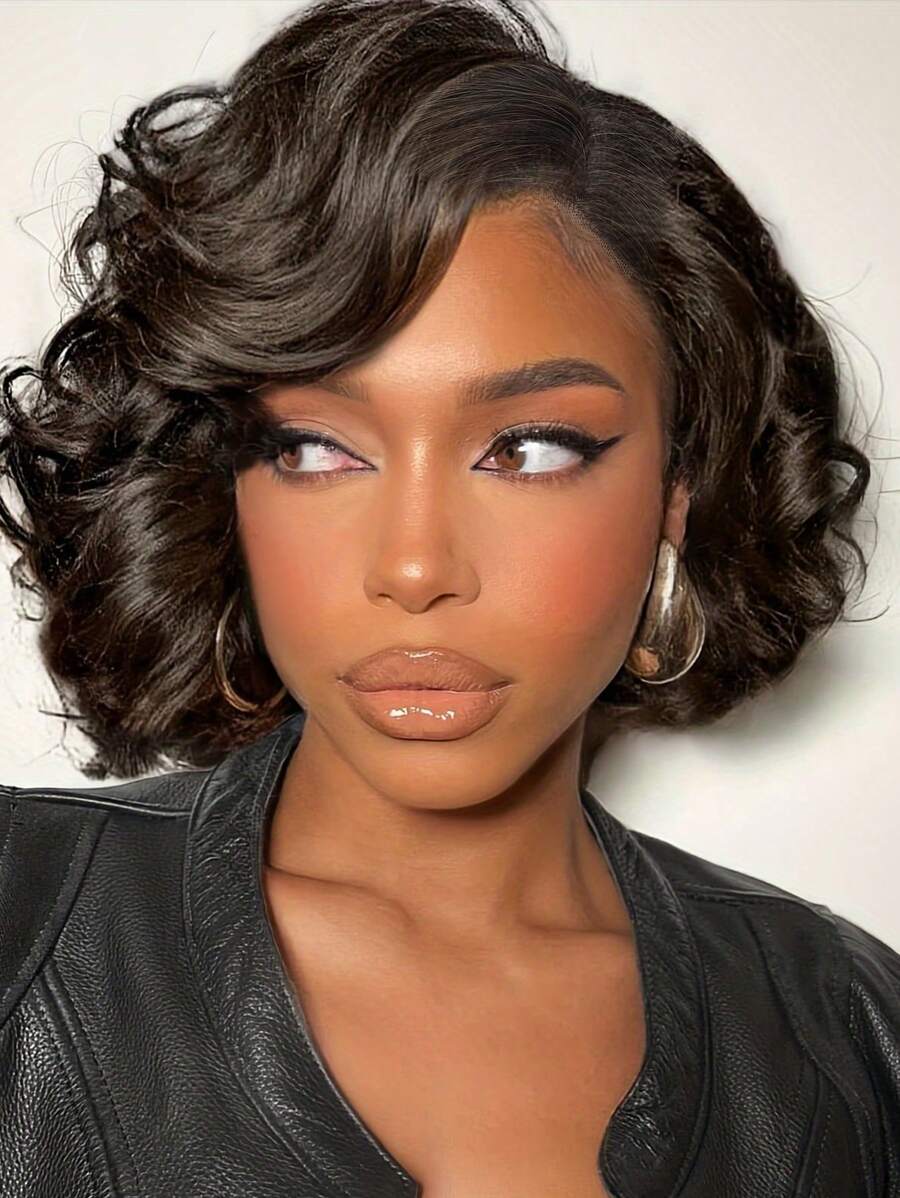 DUOZIMEI Curly Bob Wig Short Curly Wigs For Black Woman Body Wave Side Part Synthetic Lace Front Wig Wear And Go Glueless Wig For Beginners(10"-Black) - Multicolor - View 1