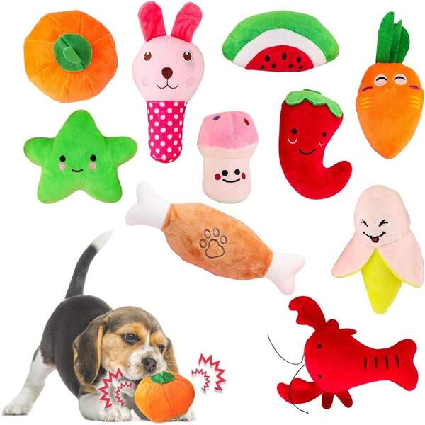 10Pcs/Set Squeaky Dog Toys, Suitable For Small & Medium Dogs Assorted Cute Interactive Pet Puppy Sound Toys, Various Soft Plush Chew Toys With Stuffing For Teething Puppies And Training Supplies, For Indoor And Outdoor Use, Machine Washable