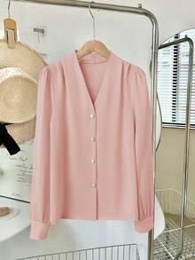 Freie Form Sommer Neu V-Ausschnitt Damen Bluse, Herbst/Winter Elegant Lässig Business Pendler Strickjacke Bluse, Butterblumenfarbe, hochwertig vielseitig schlanke süße Top, Koreanischer Stil, Größe fällt groß aus, empfehlen eine Nummer kleiner zu bestellen - Pink - Übersicht 2