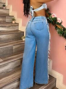 American Street Hot Mid Rise With Large Cut Edges, Women's Washed Jeans, Straight Leg Pants - Medium Wash - View 2