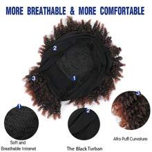 Peluca con diadema de cabello afro degrafilado negro, peluca afro corta sintética para mujer con rizos kinky y flequillo, peluca afro rizada con efecto turbante y flequillo.
