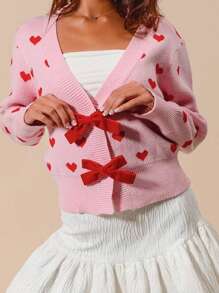 Women's Cropped Knit Cardigan Heart Pattern Long Sleeve Bow Button V-Neck Sweater For Spring, Fall - Pink - View 2