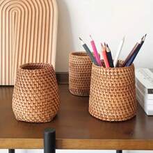 1 pezzo Portamatite stile vietnamita intrecciato a mano, scatola portapenne in rattan, organizer per cartoleria/trucchi, decorazione per casa/ufficio/cucina, durevole e leggero, adatto per soggiorno, cucina - Castano - Visualizzare 7
