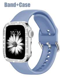 Compatible With Apple Watch Band And Case Combination Set Women's Fashion Sports Soft And Comfortable Metal Buckle Silicone Band + Anti-Drop, Anti-Scratch Shiny Double Row Diamond Hard PC Case Compatible With Apple Watch 38/40/41/42/44/45/46/49MM Band And Cases Compatible With Apple Watch Series Ultra/10/9/8/7/6/5/4//3/SE Replacement Band Case Set