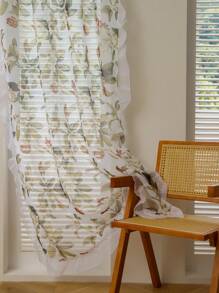 1 pièce Panneau de rideau en voile à volants avec imprimé floral, décoration d'intérieur élégante pour fenêtre, portes, vacances - Multicolore - Voir 4