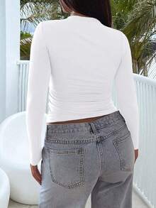 Large Y2K Long Sleeved Square Neck Slim Fit T-Shirt - White - View 4