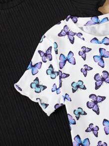 3pcs Young Girl Butterfly Print Solid Color Bodycon Cute Short Sleeve Dress Set