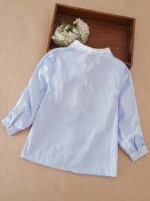 女孩立领长袖条纹轻便校服衬衫，春季开学 - 淺藍色 - 查看 2