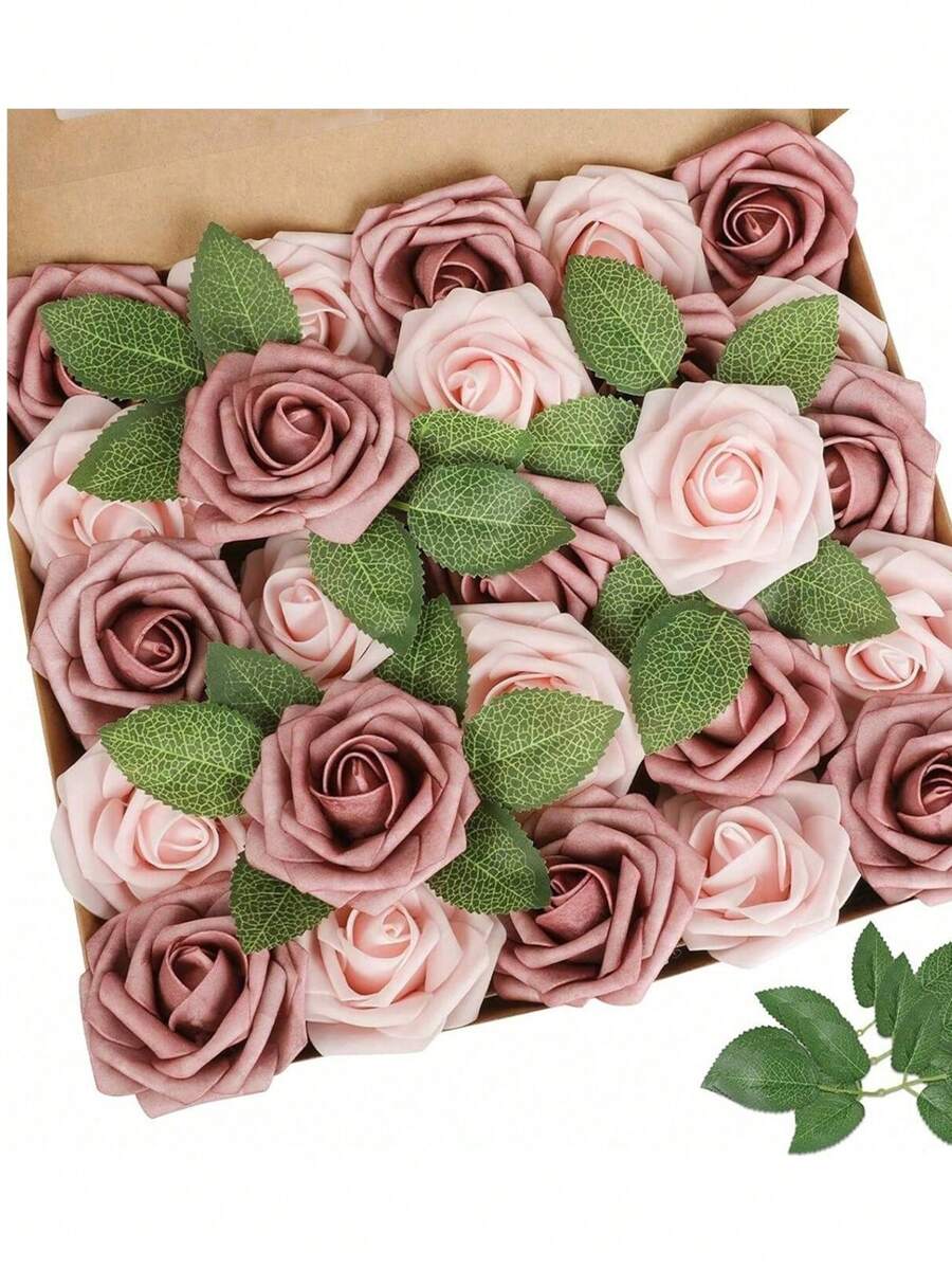 5/10/15/20/25 件逼真假玫瑰带茎适用于 DIY 婚礼花束中心装饰布置派对婴儿送礼会家居装饰（OPP 袋包装）（不包括叶子）、情人节、礼物 - 粉色 - 查看 1