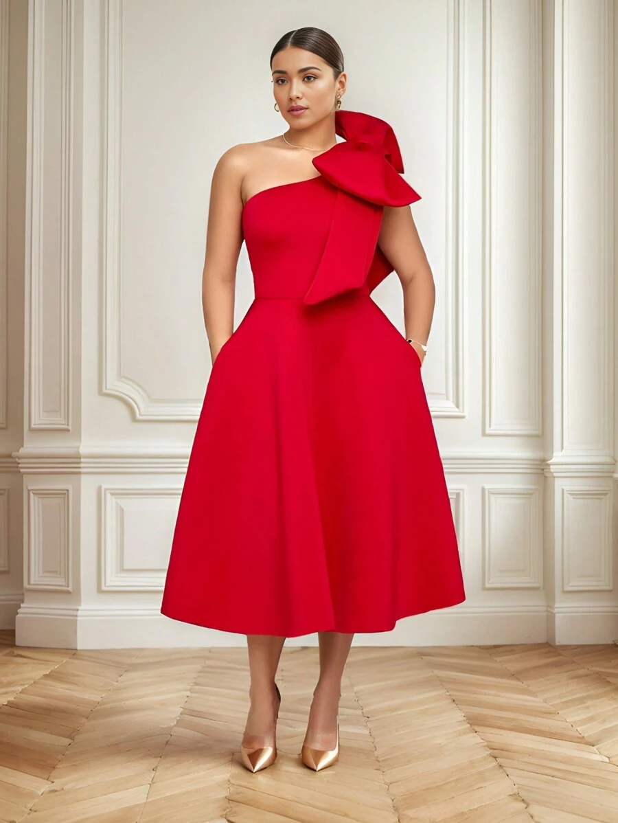 Đầm dạ hội một vai màu trơn, đầm dự tiệc thắt nơ, đầm cocktail dự đám cưới mùa xuân - Đỏ - Xem 1