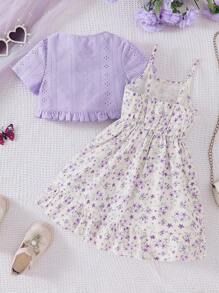 Young Girls Knitted Hollow Short Crop Top With Floral Print Dress 2 Pieces Set, Casual, Spring/Summer