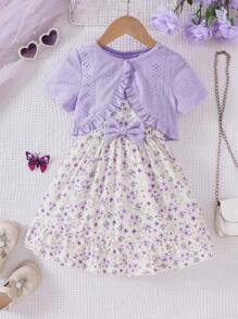 Young Girls Knitted Hollow Short Crop Top With Floral Print Dress 2 Pieces Set, Casual, Spring/Summer