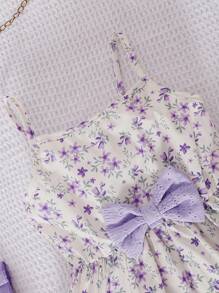 Young Girls Knitted Hollow Short Crop Top With Floral Print Dress 2 Pieces Set, Casual, Spring/Summer