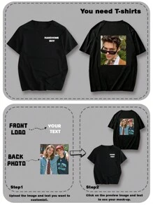 Personalized Graphic Customized Men's T-Shirt, Input Your Text/Wishes/Fun Text, Upload Photo Of Best Friend/Pet/Landscape, Customize Spring Summer Black Tee Shirt, Valentine's Day, Holiday Gift Treasure Finds Ideal Gifts For Him Family, Boyfriend, Friends, Children For Anniversaries, For Birthdays, For Children's Day, For Holiday/Vacation