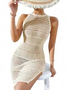 Women's Swimsuit Crochet Cover Up Summer Hollow-Out Sleeveless Bathing Suit Backless Side Split Beach Dress