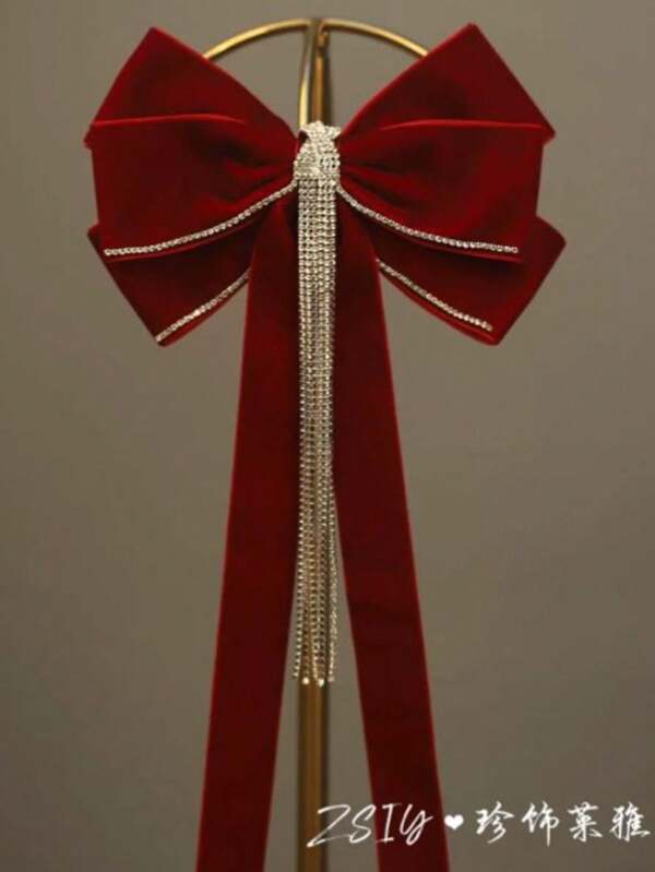 1Peca Presilha de Cabelo Vermelho com Borla e laco de Strass para Mulheres Adequada para looks Doces de Campus Diarios Ocasioes de Feriados e Pode Ser Usada como Acessorio de Cabelo para Noiva no Dia dos Namorsdos Real