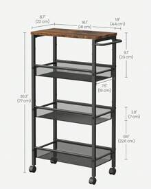 VASAGLE 4-Tier Trolley, Space-Saving Kitchen Cart With Wheels, Steel Frame, Handle, Trolley For Small Spaces, 22 X 45.5 X 77 Cm, Kitchen Bathroom Living Room Studio, Rustic Brown And Black