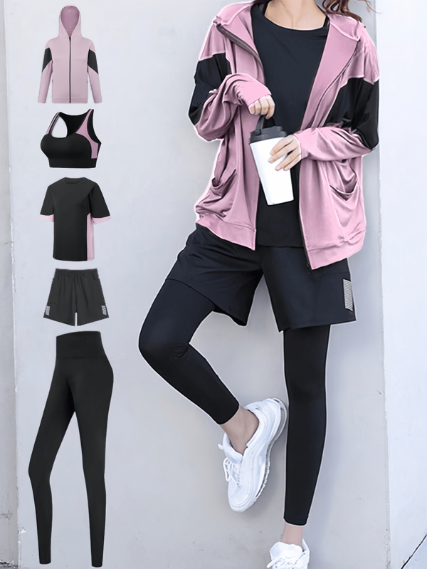 5pcs Women Sports Suit Set: Oversized Batwing Hoodie + Loose Sports T-Shirt + Sports Bra + Outdoor Pants + Loose Shorts