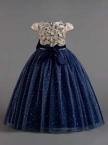 Tween Girls Embroidered Tulle Bow Princess Dress, Suitable For Flower Girl, Birthday Party, Piano Recital, Formal Occasions, Does Not Include Headband - Navy Blue - View 3