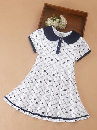 女童拼布撞色短袖连衣裙，返校少女夏季服装