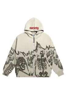 Men's Fashion Embroidered Printed Zipper Hoodie Casual Street Dance Skateboarding Hip Hop Skeleton Printed Embroidered Sports Hoodie