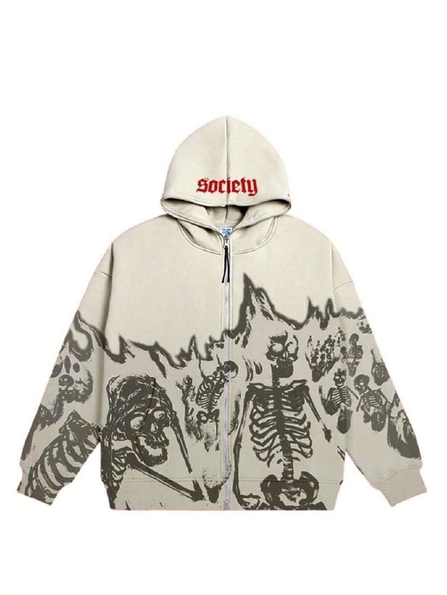 Men's Fashion Embroidered Printed Zipper Hoodie Casual Street Dance Skateboarding Hip Hop Skeleton Printed Embroidered Sports Hoodie