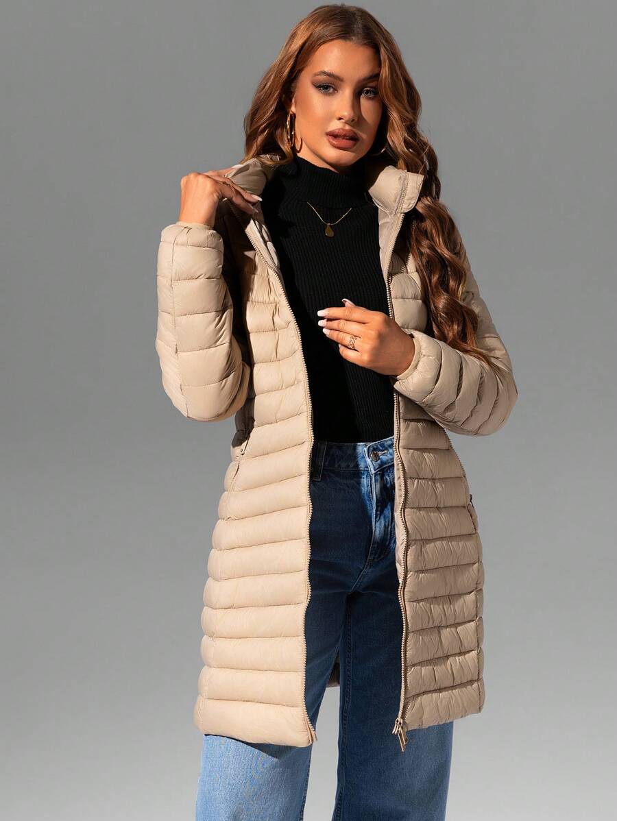 Giolshon 女士休闲连帽外套,带口袋,加厚设计,轻便透气,适合日常穿着,秋冬季优雅百搭。 - 杏色 - 查看 1