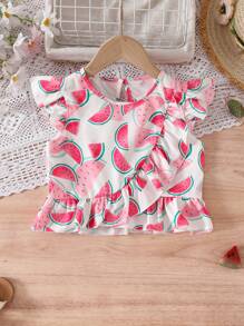 Young Girl Watermelon Print Ruffle Hem Cap Sleeve Top And Denim Shorts Set - White - View 4