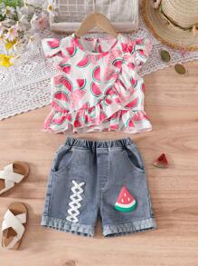 Young Girl Watermelon Print Ruffle Hem Cap Sleeve Top And Denim Shorts Set - White - View 2