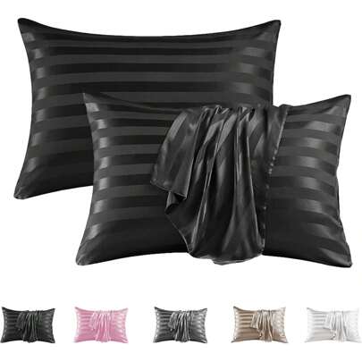 2件装奢华缎面条纹枕套，黑色，3厘米条纹提花超柔软涤纶信封式枕套，可机洗，80-85克/平方米，凉爽舒适，呵护头发和肌肤，酒店品质床上用品。