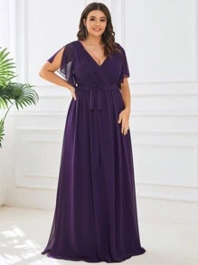 EVERPRETTY Plus Elegant Fall Winter V Neck Pleated Ruffle Sleeves Purple Wedding Guest Dresses Formal Dresses For Dinner Party