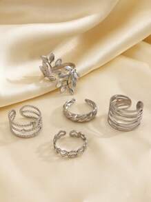 5 peças/conjunto de anéis abertos de aço inoxidável com linha de folhas elegantes, adequados para uso diário feminino