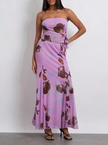 Womens Summer 2Pcs Outfits Floral Print Drawstring Tube Tops + Long Skirt Set Party Clothes - 紫色 - 查看 5