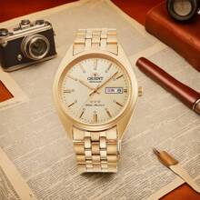Orient Relógio mecânico automático dourado masculino 3 estrelas, relógio de pulso dourado pequeno vintage para negócios com visor de data, RA-AB0E04