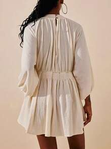 Women's Summer Short Party Dresses 3/4 Sleeve Deep V Neck Solid Color Smocked Dress With Pockets - White - View 4