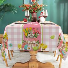1pc Easter Text Design Tablecloth,Rabbit Bouquet Easter Egg Print Pink Checkered Design Tablecloth,Spring Fresh Design,Festive Party Decor For Indoor And Outdoor, Easter Decoration, Perfect Easter Gift For Family And Friends