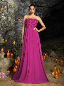 Faeriesty 3D花卉贴花露肩晚礼服，拖地雪纺廓形——适合婚礼和高端派对的春夏礼服