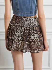 Minifalda con estampado de leopardo para mujer, falda holgada de corte A, falda plisada en capas, adecuada para usar en la calle en verano - Multicolor - Ver 4