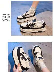 Zapatillas altas de mujer estilo callejero americano con suela gruesa.Zapatillas deportivas con cordones de otoño para mujeres,Zapatillas deportivas de moda de color combinado,Zapatillas de deporte para mujer estilo callejero americano con suela gruesa y transpirablesZapatillas de mujer con plataforma estilo callejero americano y diseño transpirable,otoño,para caminar y correr al aire libre - Negro - Ver 6