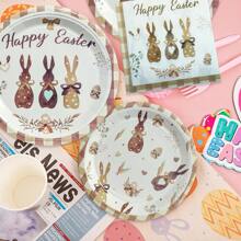 24 件/72 件复活节派对餐具套装 - 棕色格子、蝴蝶结、心形、兔子图案纸盘和餐巾、一次性餐具、复活节主题派对装饰、餐桌装饰