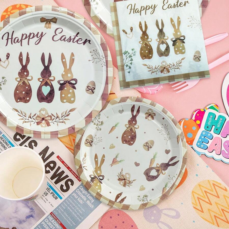 24 件/72 件复活节派对餐具套装 - 棕色格子、蝴蝶结、心形、兔子图案纸盘和餐巾、一次性餐具、复活节主题派对装饰、餐桌装饰