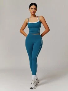 MASKERT 春夏女套装运动套装瑜伽套装背心裤套装健身服运动套装网球服锻炼居家休闲舒适亲肤 - 藏蓝色 - 查看 2