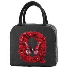 Insulation Lunch Bag Aluminum Foil Bento Pack For Work Large Capacity Cooler Bags Women Handbag Red Rose Initial Letter A-Z Print Lunch Box Portable Thermal Picnic Food Bag