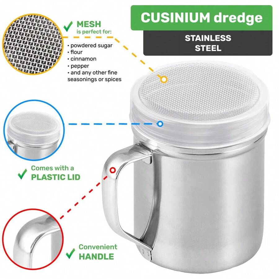1個不鏽鋼撒粉器,不鏽鋼糖粉撒粉器附手把,細網撒粉罐適用於玉米澱粉、可可粉、咖啡粉、糖霜篩網 - 銀色 - 查看 1